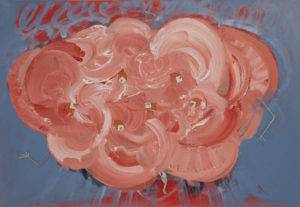 W różowej chmurze - Ula Niemirska (2016), kolaż, akryl na płótnie