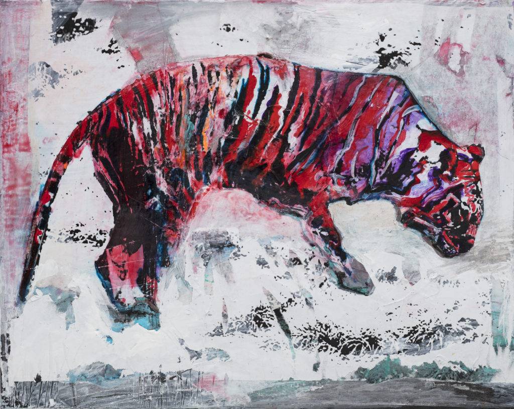 Czerwony tygrys - Monika Solorz (2016), technika własna, kolaż, płótno