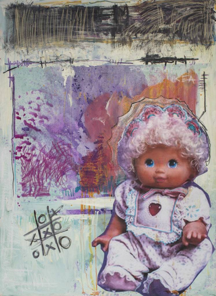 Doll - Agata Filip (2016), olej, pastel olejny, kolaż, płótno