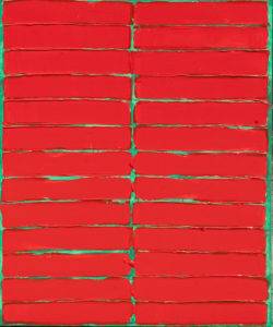Czerwona kompozycja na zielonym tle - Jacek Mirczak (2017), obraz akrylowy na płótnie