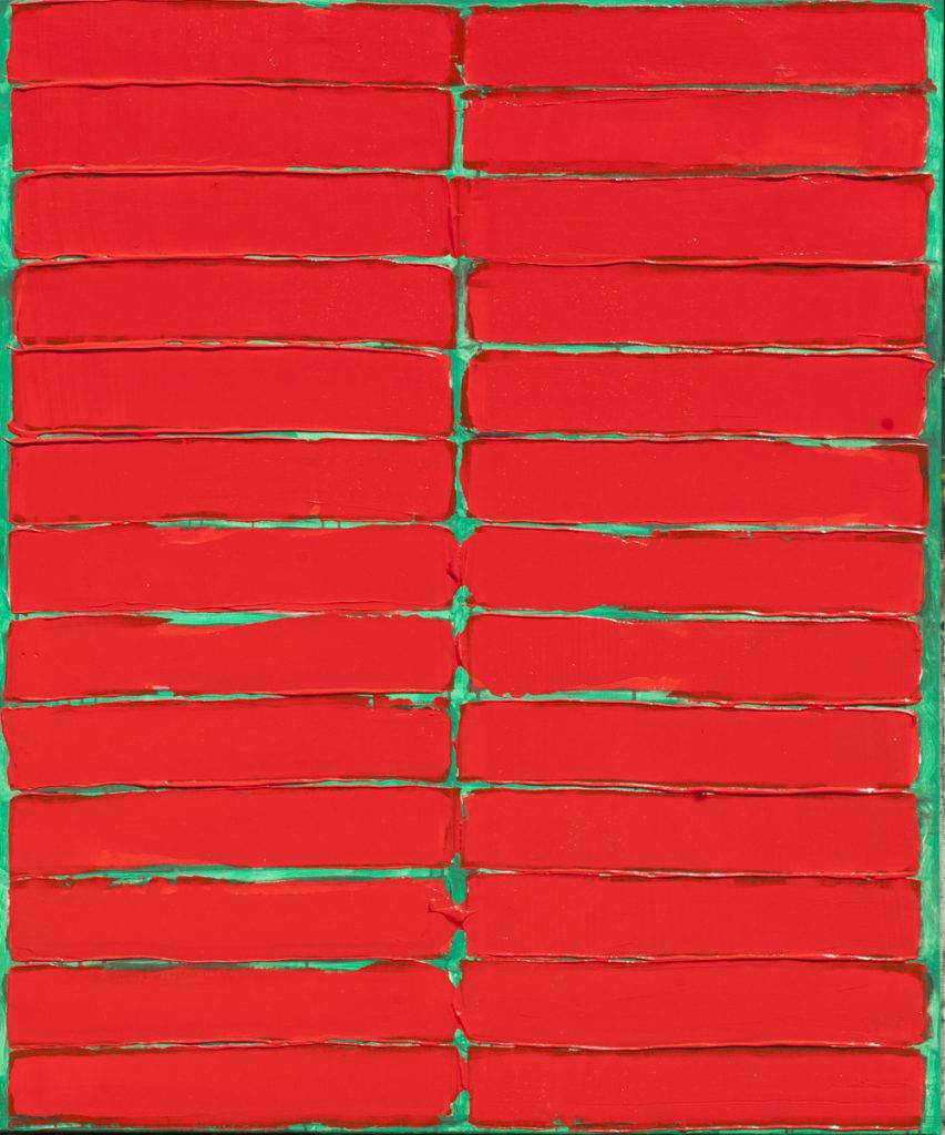 Czerwona kompozycja na zielonym tle - Jacek Mirczak (2017), obraz akrylowy na płótnie