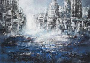 W miejskiej mgle… - Andrzej Fronczak (2017), obraz olejny na płótnie