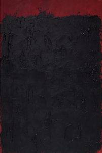 Czarna kompozycja na czerwonym tle - Jacek Mirczak (2017), obraz akrylowy na płótnie