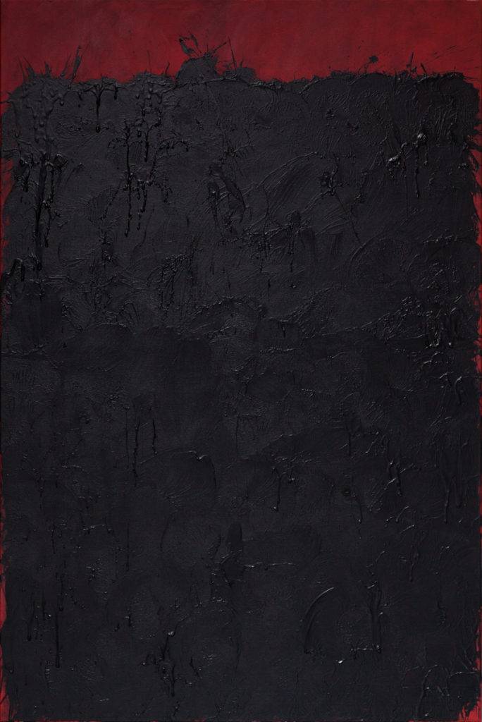 Czarna kompozycja na czerwonym tle - Jacek Mirczak (2017), obraz akrylowy na płótnie