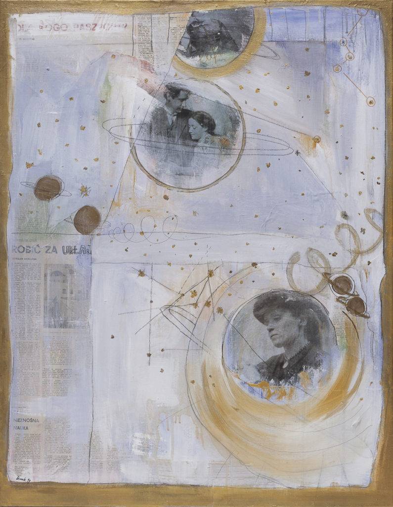 Złoty układ - Katarzyna Matylda Kręcicka (2017), kolaż, akryl na płótnie