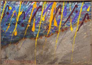 Woda, piasek, ogień i powietrze - Piotr C. Kowalski (1997/2017), olej, akryl, piasek z plaży, ogień, który spalił fragment obrazu, płótno
