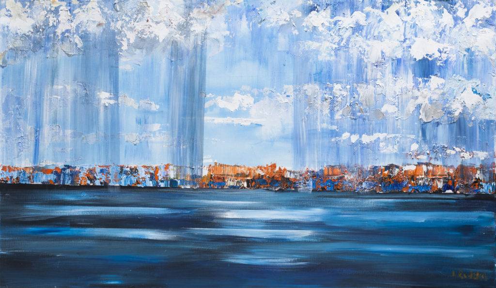 Jezioro w deszczu - Izabela Rudzka (2017), obraz akrylowy na płótnie
