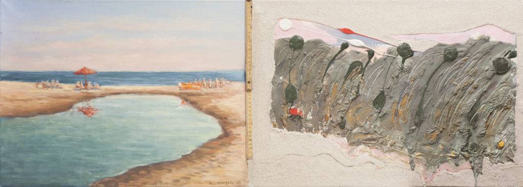 Wylewne morza (z Witoldem Lubinieckim) - Piotr C. Kowalski (2008), akryl, olej, piasek, celówka stolarska, płótno