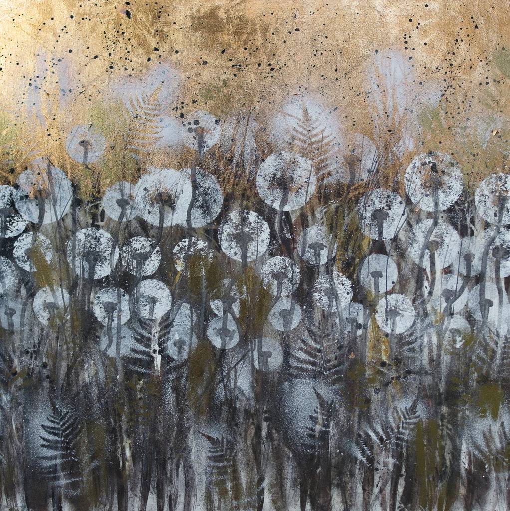 Leśna melodia z cyklu Zauroczona dmuchawcami - Mariola Świgulska (2018), akryl, szlagmetal, płótno