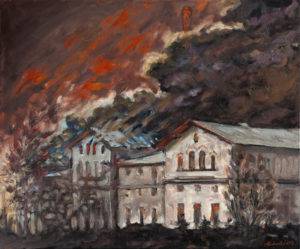 Pożar w Gorzelni - Piotr Pachecki (2019), obraz olejny na płótnie