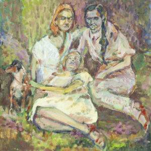 Trzy młode dziewczyny i pies - Piotr Pachecki (2019), obraz olejny na płótnie