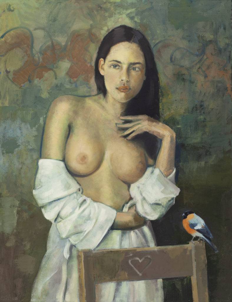 Dziewczyna z ptaszkiem - Maciej Kempiński (2018), obraz olejny na płótnie