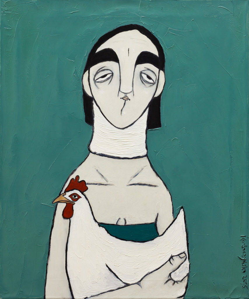 Kobieta ze zwichniętą szyją od ratowania kury - Paulina Korbaczyńska (2015), obraz olejny na płótnie
