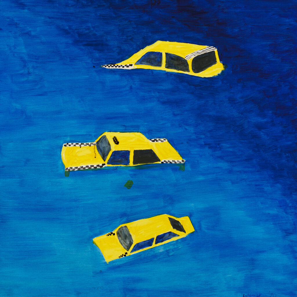 Żółte zatopione taksówki - Patryk Lutomski (2020), obraz akrylowy na płótnie