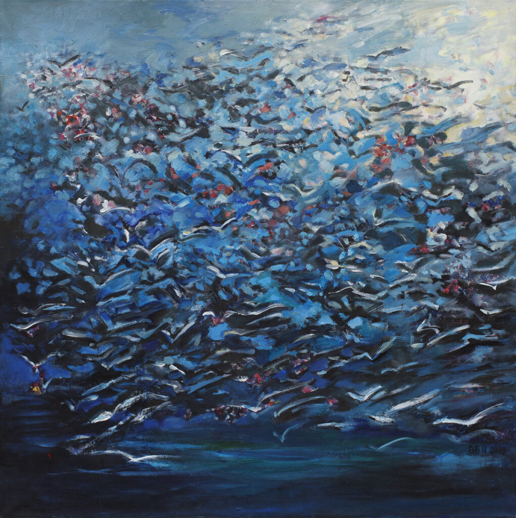 Na skrzydłach pieśni II. Odlot - Barbara Bielecka-Woźniczko (2019), obraz akrylowo-olejny na płótnie