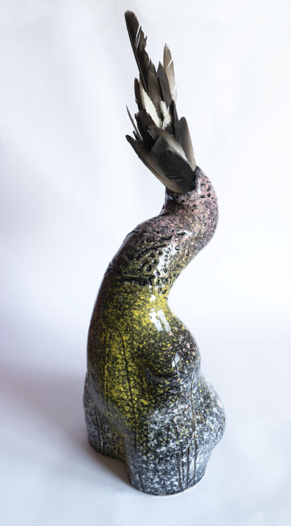 Rajski Ptak – Czarna gołębica - Aneta Śliwa (2020), ceramika szkliwiona, pióra