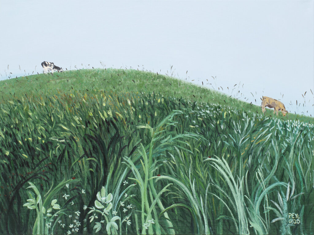 Floyds cows - Pervin Ece Yakacık (2020) - zielono-niebieski pejzaż z krowami