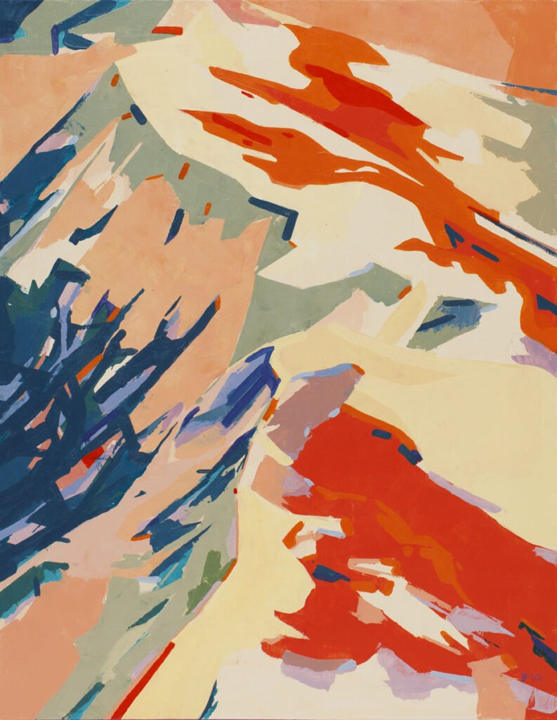 szukając swojej ścieżki - Anna wiegebińska-bączek - grzbiet górski w żywych kolorach (czerwieni, żółtym i niebieskim oraz ich odcieniach)