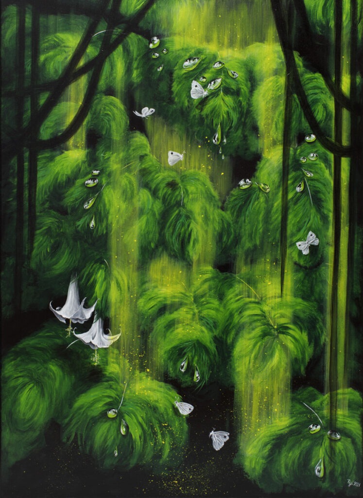 Nie z tego swiata (2021) - Beata Mura - zielony obraz las, motyle, kwiaty
