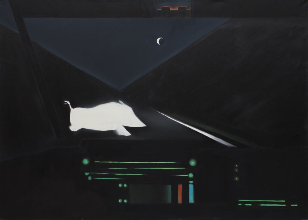 Accident (2019) - Kacper Woźny - praca przedstawia obraz dzika przebiegającego nocą przez drogę widzianego z kabiny kierowcy samochodu