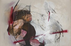 Otoczaki 30 - Agata Czeremuszkin-Chrut - abstrakcja z czernią, bielą i czerwienią na jasnym tle