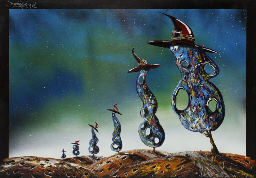 Czarodzieje drzew 3 (2021) - Bartłomiej Baranowski - pejzaż z gwieździstym niebem, personifikacja czarodziejów jako sześciu drzew w spiczastych kapeluszach