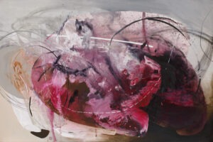 Otoczaki 32 - Agata Czeremuszkin-Chrut - abstrakcja z czernią, bielą i czerwienią na jasnym tle