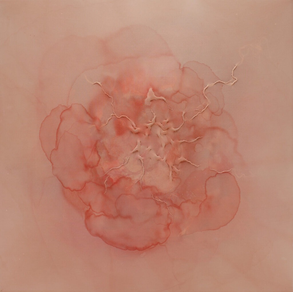 Z cyklu kwiaty 6 (2018) - Małgorzata Kalinowska - abstrakcyjny obraz z różowego materiału tekstylnego zabarwionego nieregularnie czerwonym barwnikiem. Ma szwy.