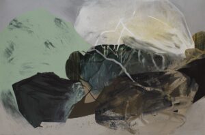 Otoczaki 34 - Agata Czeremuszkin-Chrut - abstrakcja z czernią, bielą i zielenią na szarym tle