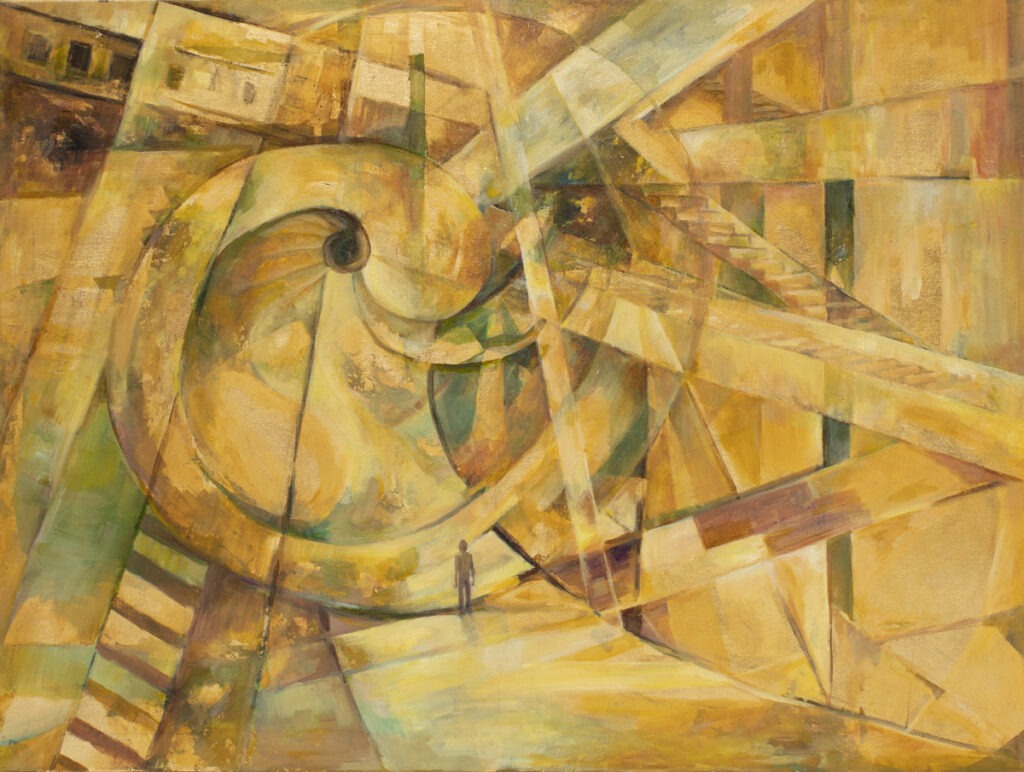 zagubiony w galerii (2020) - Urszula Figiel - dynamiczny żółty obraz ze spiralą