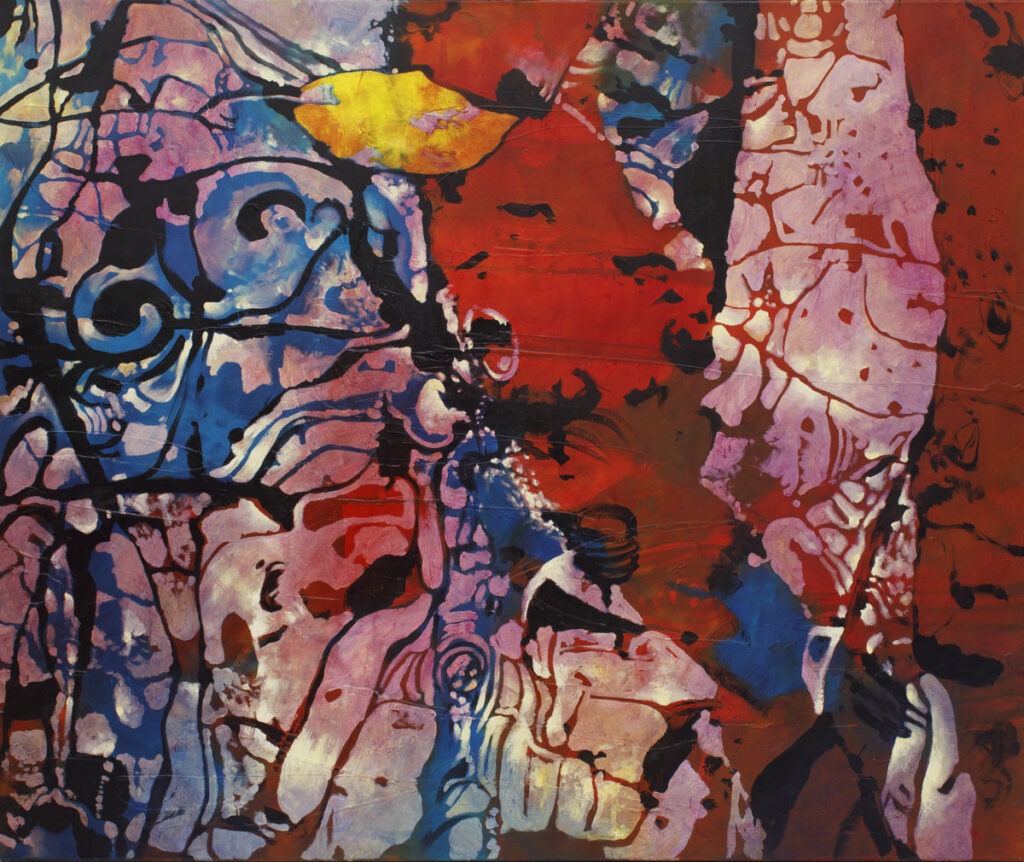 z cyklu wody (2021) - Piotr Przybyła - dynamiczny obraz abstrakcyjny o intensywnych kolorach, głównie odcieni czerwieni