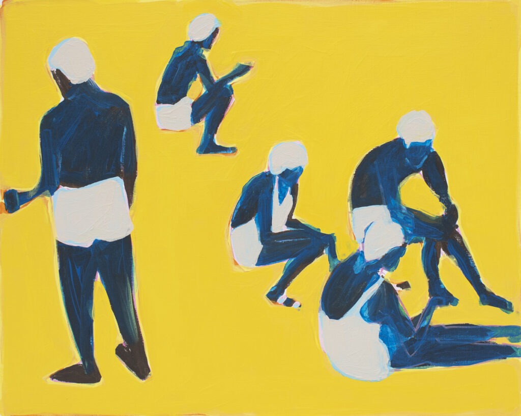 Bez tytułu (2021) - Iwona Kobryń - ludzie na plaży, żółty obraz