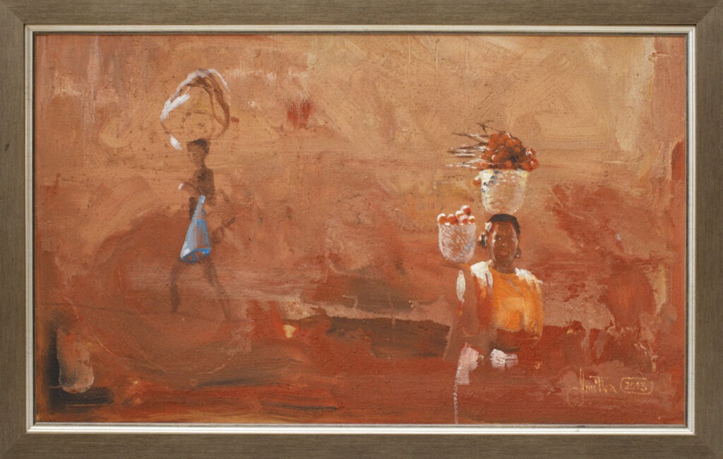Wszystko na głowie 2 z cyklu Madagaskar - Michał Smółka - dwie postaci z koszami na głowach na pomarańczowym tle