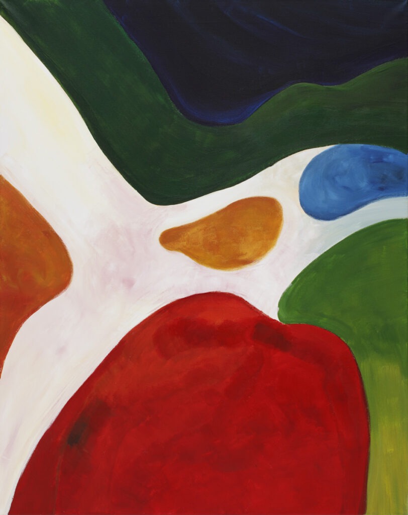 Rezerwat Glencorse (2021) - Natalia Kozarzewska - abstrakcja z kolorami: zielony, czerwony, ecru i błękitny