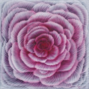 Dianthus (2021) - Hanna Rozpara - obraz ukazujący kwiat róży, perspektywa z góry, dominuje kolor różowy