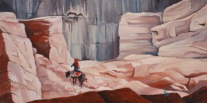 Going home in Petra (2020) - Jolanta Kitowska - pejzaż pustynny, postać na koniu wjeżdża po schodach ukrytych pomiędzy skałami
