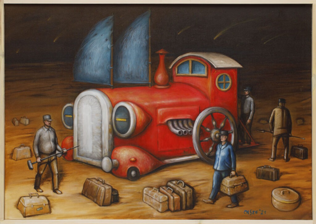 Sakwojaże (2021) - Zbigniew Olszewski - bajkowy obraz czerwonej lokomotywy podobnej do automobilu, 4 postacie męskie krzątające się wokół, dookoła rozsypane bagaże