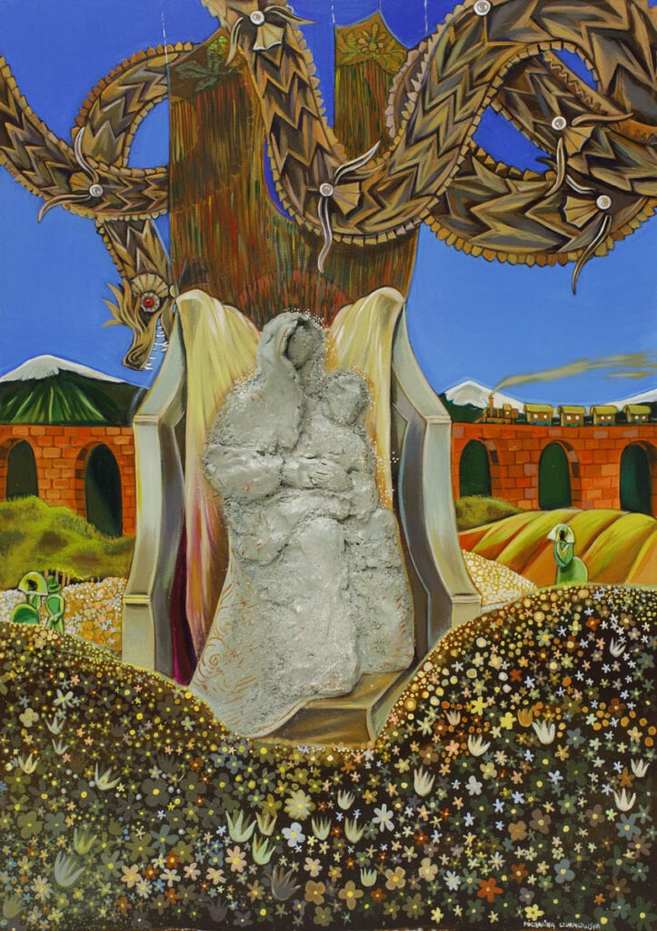 Madonna and child (2021) - Michalina Czurakowska - surrealistyczny obraz przedstawiający madonnę z dzieckiem siedzącą na kamiennym tronie pod drzewem, nad którym lata smok. W tle akwedukt, na pierwszym planie łąka, 3 postacie kobiece w tle.