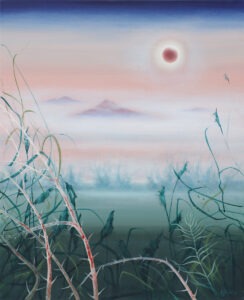 Zaćmienie słońca - Anna Sołtysiak - pejzaż w pastelowej kolrostyce z zielenią, różem i błękitem