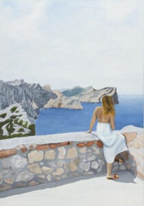 Formentor (2021) - Ewelina Wasilewska - obraz przedstawia kobietę patrzącą na wybrzeże, w tle wyspa i skały