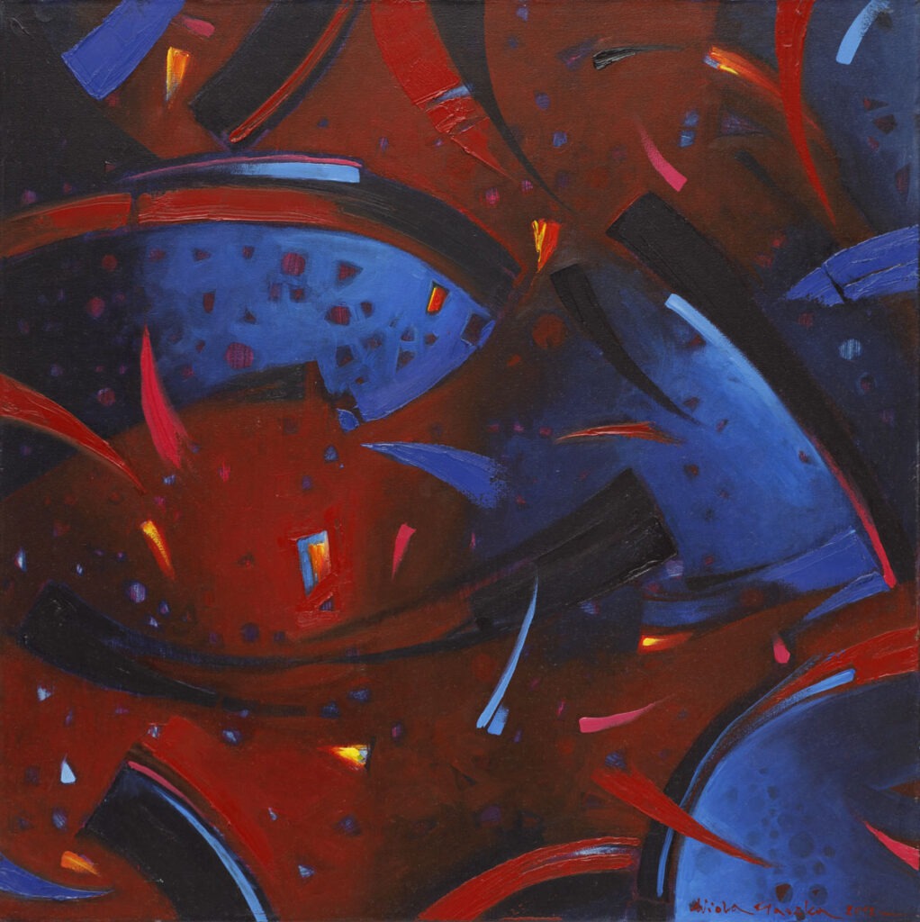 Szmatka VI (2012) - Wioletta Gaszka - abstrakcyjny obraz z dominującymi kolorami czerownym i niebieskim