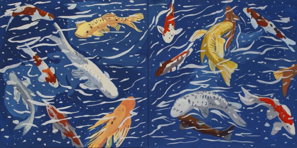 Juuroku (dyptyk) (2021) - Paweł Świątek - obraz przedstawia pływające w wodzie ryby