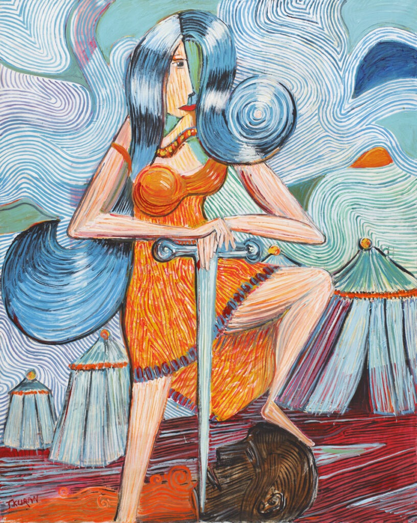 Judyta z głową Holofernesa (2020) - Tomasz Kuran - kobieta z mieczem kolorowy obraz