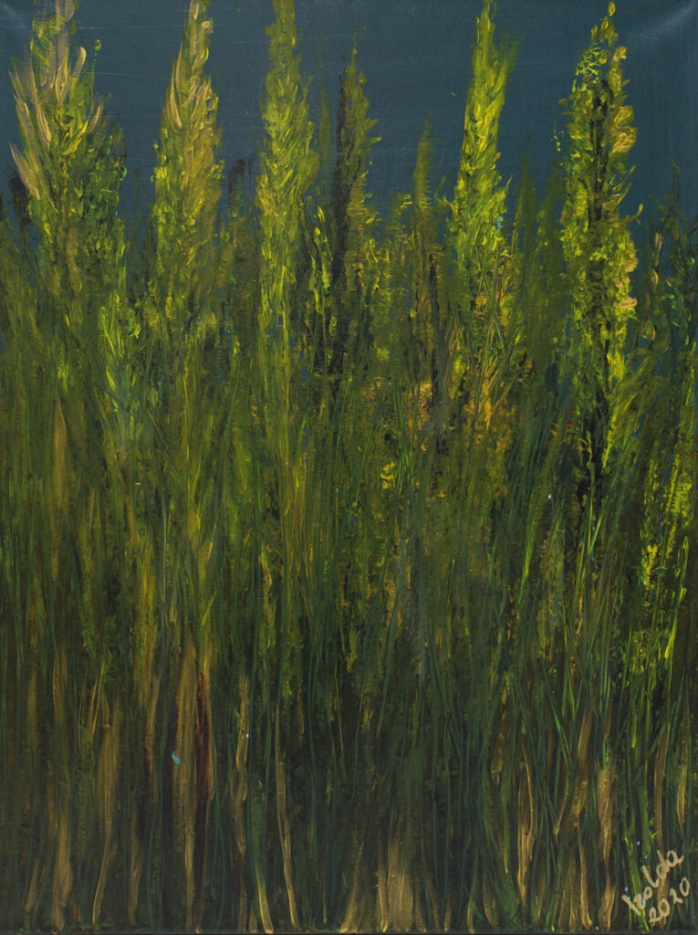 Złote trawy (2020) - Izabela Drzewiecka - zielono-żółty obraz rośliny łąka