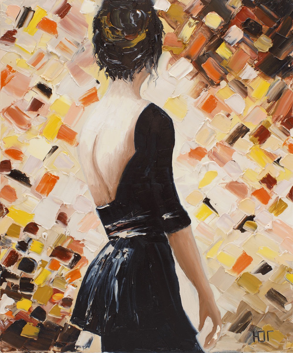Rozbite lustro duszy - Yulia Gurzhiyants - kobieta stojąca tyłem w czarnej sukience