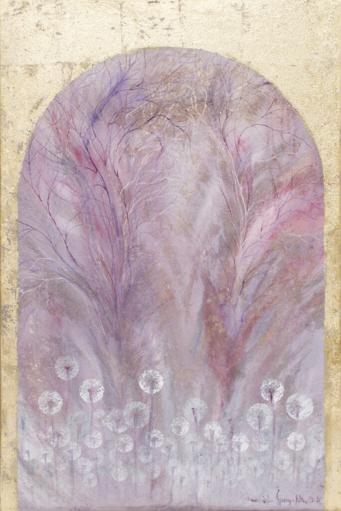 Złote wrota do krainy marzeń (2020) - MAriola Świgulska - złoto0fioletowy obraz rośliny dmuchawce