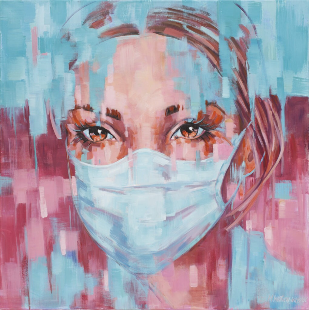 Girl in Pink (2020) - Marzena Uryszek - portret kobiety w masce na różowo-niebieskim tle
