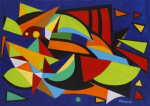 Arkadia (2021) - Krystyna Krzyszczyk - dynamiczna abstrakcja, żywe, jaskrawe kolory o geometrycznych kształtach