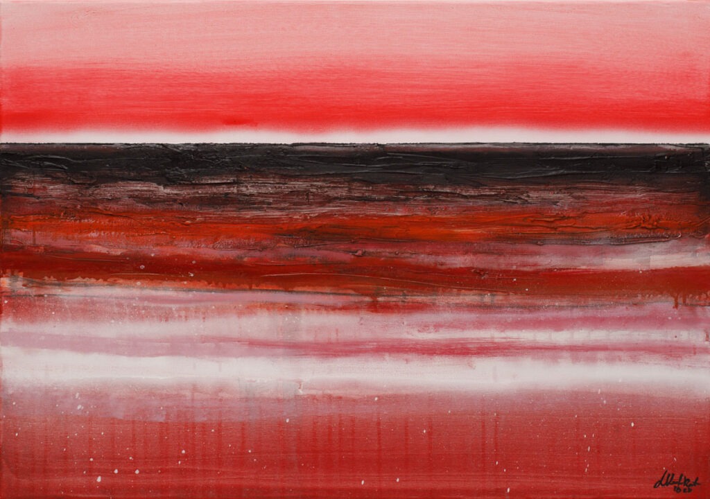 Morze rewolucji (2020) - Ludmiła Kufel-Rutkowska - pejzaż morski, dominuje czerwony kolor i jego odcienie, na horyzoncie ciemnoczerwony wpadający w czerń pas.