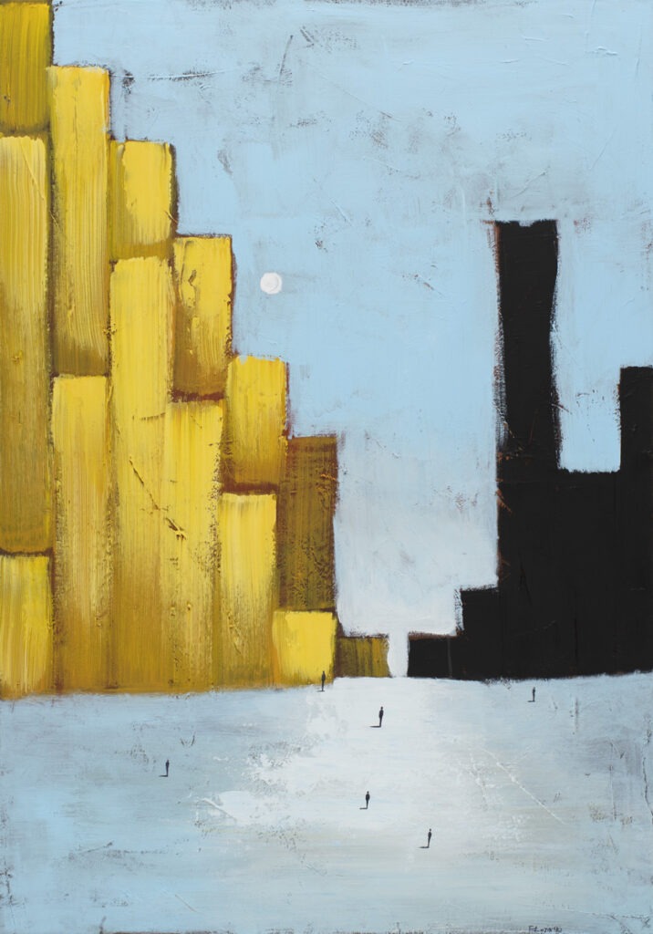 Miejski horyzont (2021) - Filip Łoziński - żółte i czarne budynki w mieście na błękitnym tle